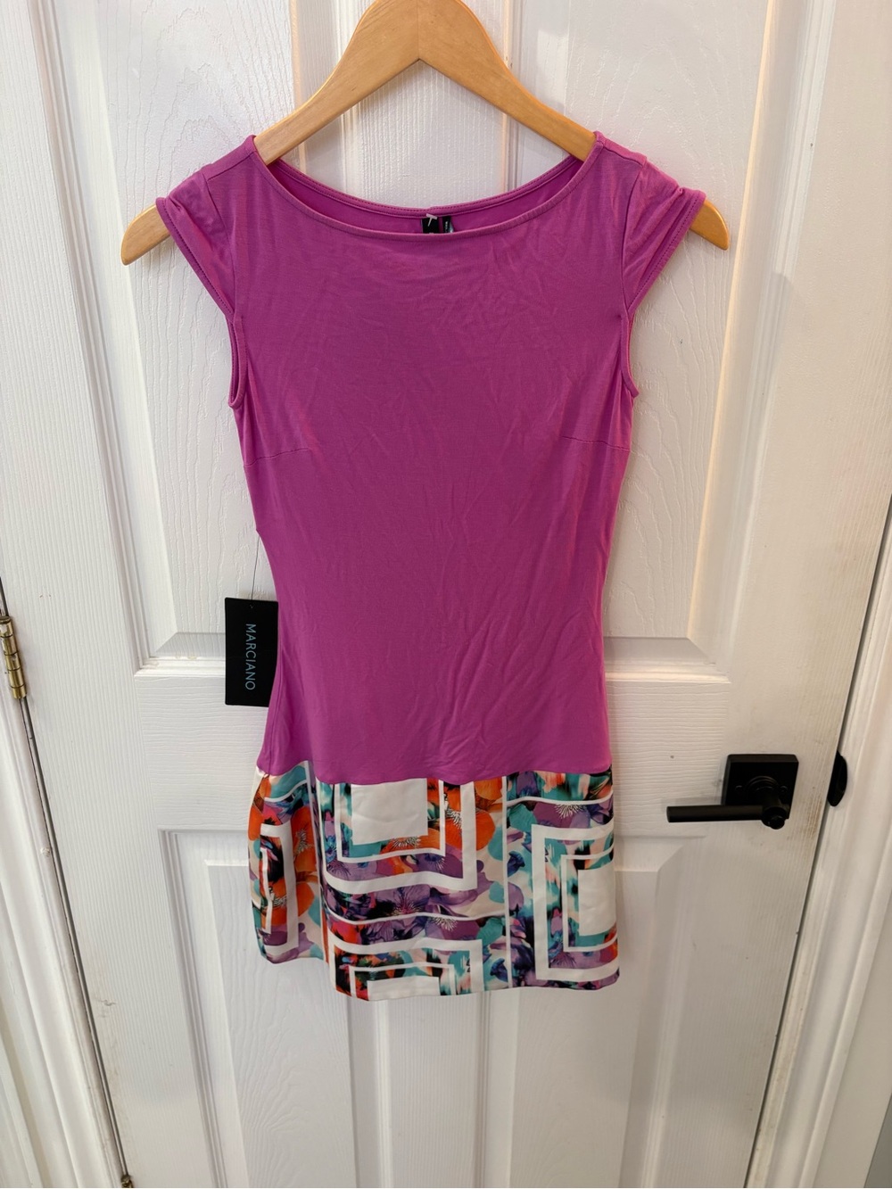 Marciano Fuchsia Cap-Sleeve Tunic with Multicolor Geometric Hem
